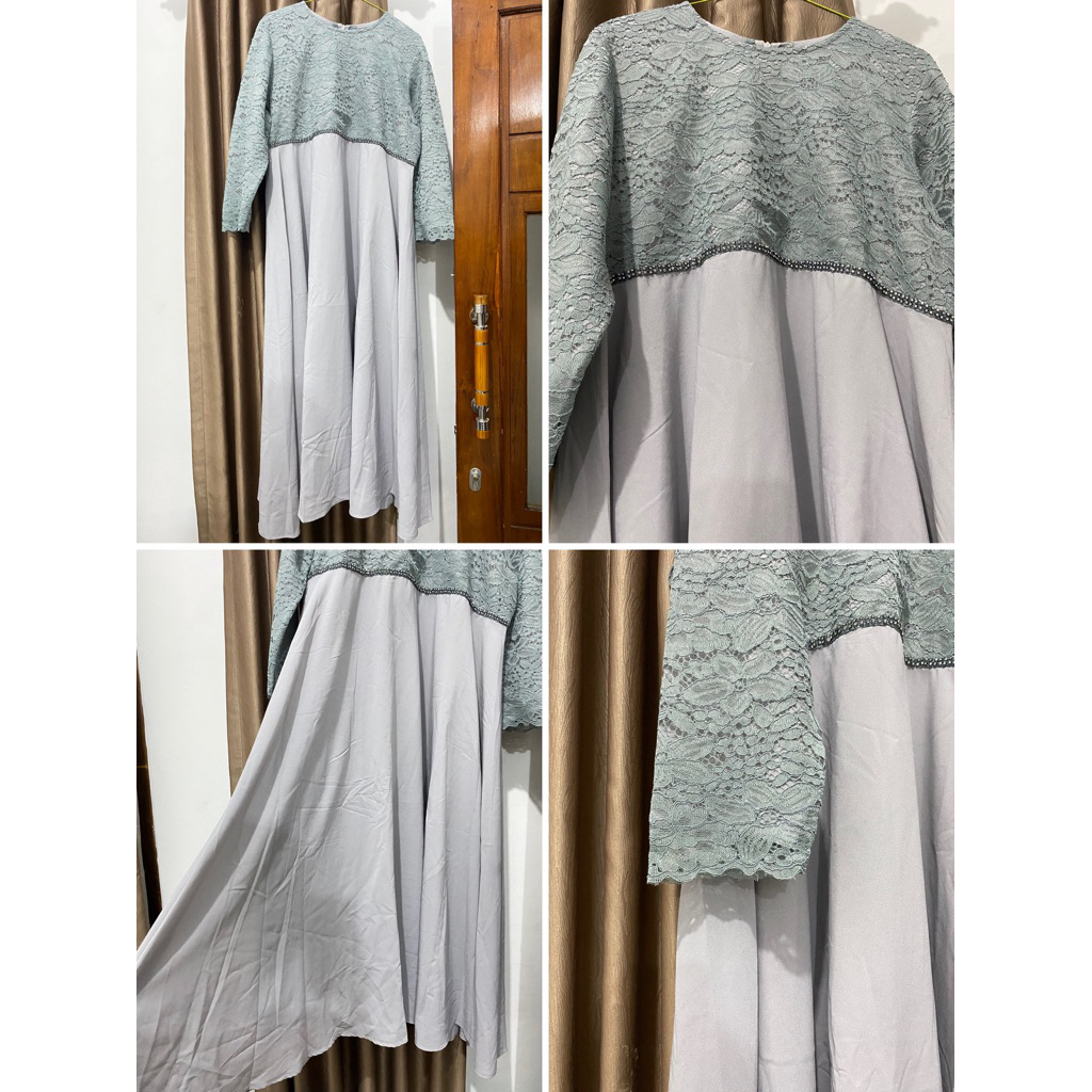 Gamis Brokat Elegant / Dress Kondangan Kombinasi Ceruti Premium/ Gamis Muslimah Abu-abu (Grey Series