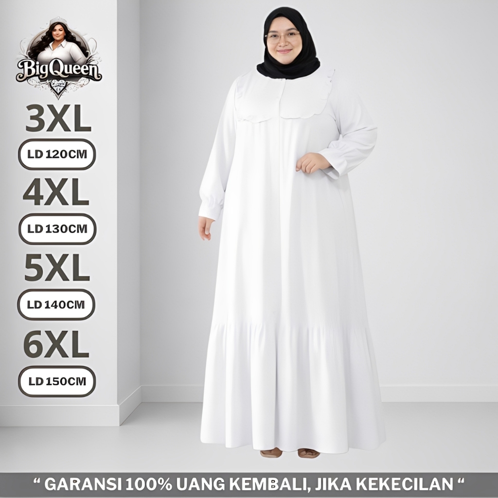Gamis Dress Putih Wanita Jumbo LD 120 130 140 150 Baju Lebaran Polos Premium Mewah Syari Terbaru