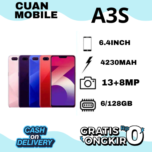 HP Smartphone Android A3s 6GB/128GB 99% baru 4G LTE Snapdragon garansi 12 bulan murah
