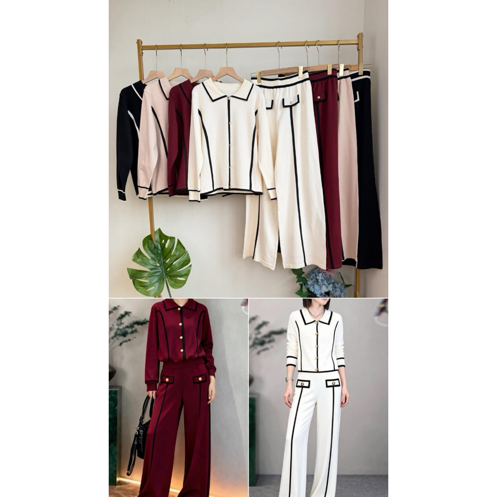 BAJU KADO CEWE TATAOS BANGKOK ELEYA ONE SET SETELAN LIST BLOUSE KEMEJA CELANA KULOT HIGHWAIST KNIT R
