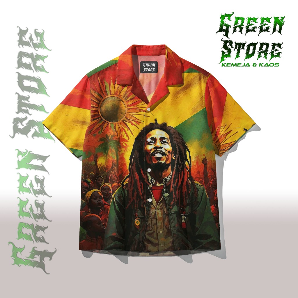 GREEN STORE Kemeja Bob Marley Reggae - Kemeja Unisex Casual Bahan Adem Premium Pantai | GS-201