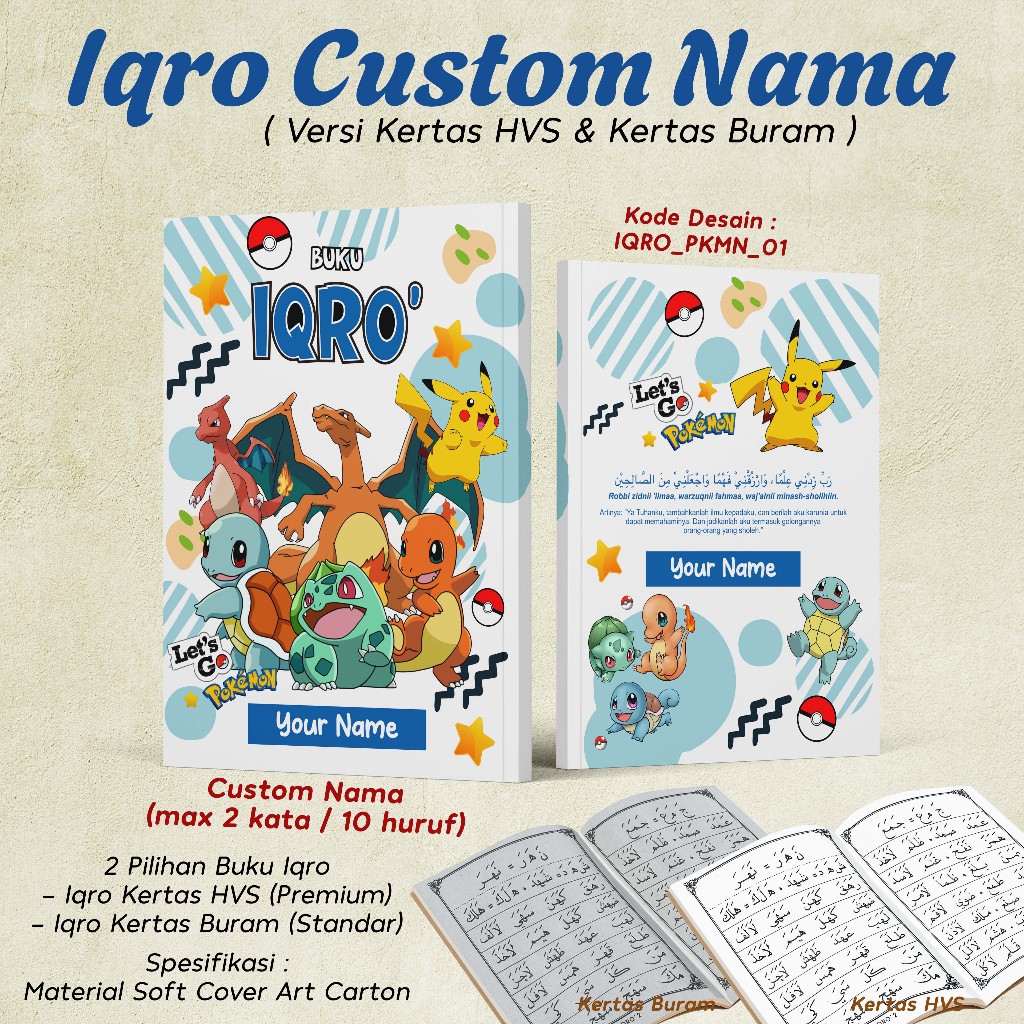 IQRO ANAK CUSTOM FOTO & NAMA - IQRO GAMBAR KARAKTER POKEMON FULL COLOR