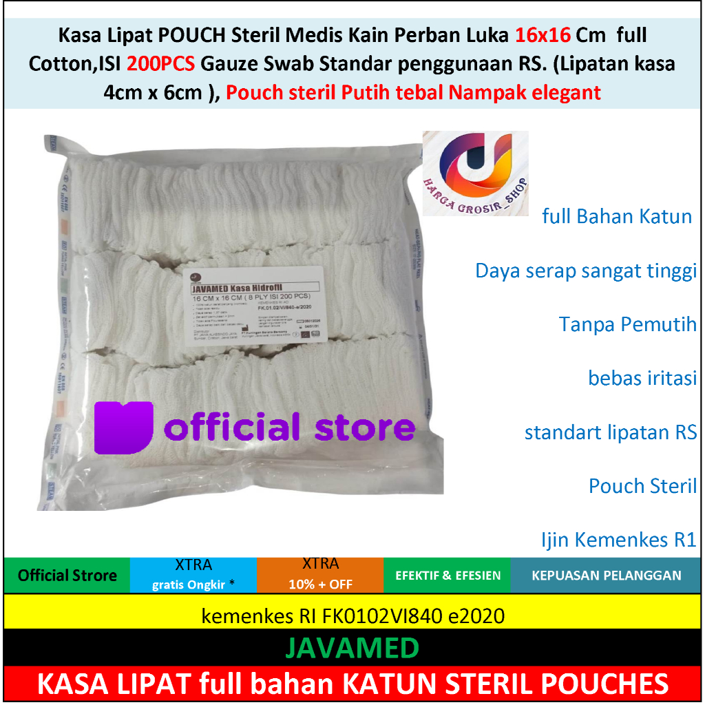 Kasa Lipat POUCH Steril Medis Kain Perban Luka 16x16 Cm  full  Cotton,ISI 200PCS Gauze Swab Standar 