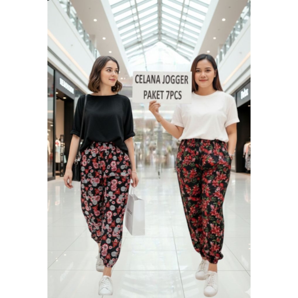 Celana Panjang Jogger Motif Bunga Celamis Serut Karet Bawah Celana Harian Wanita Kekinian