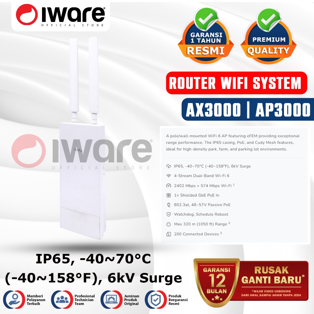 Iware Cudy AP3000 Outdoor Cudy AP3000 Outdoor Access Point WiFi 6 AX3000 – Tahan Cuaca IP65