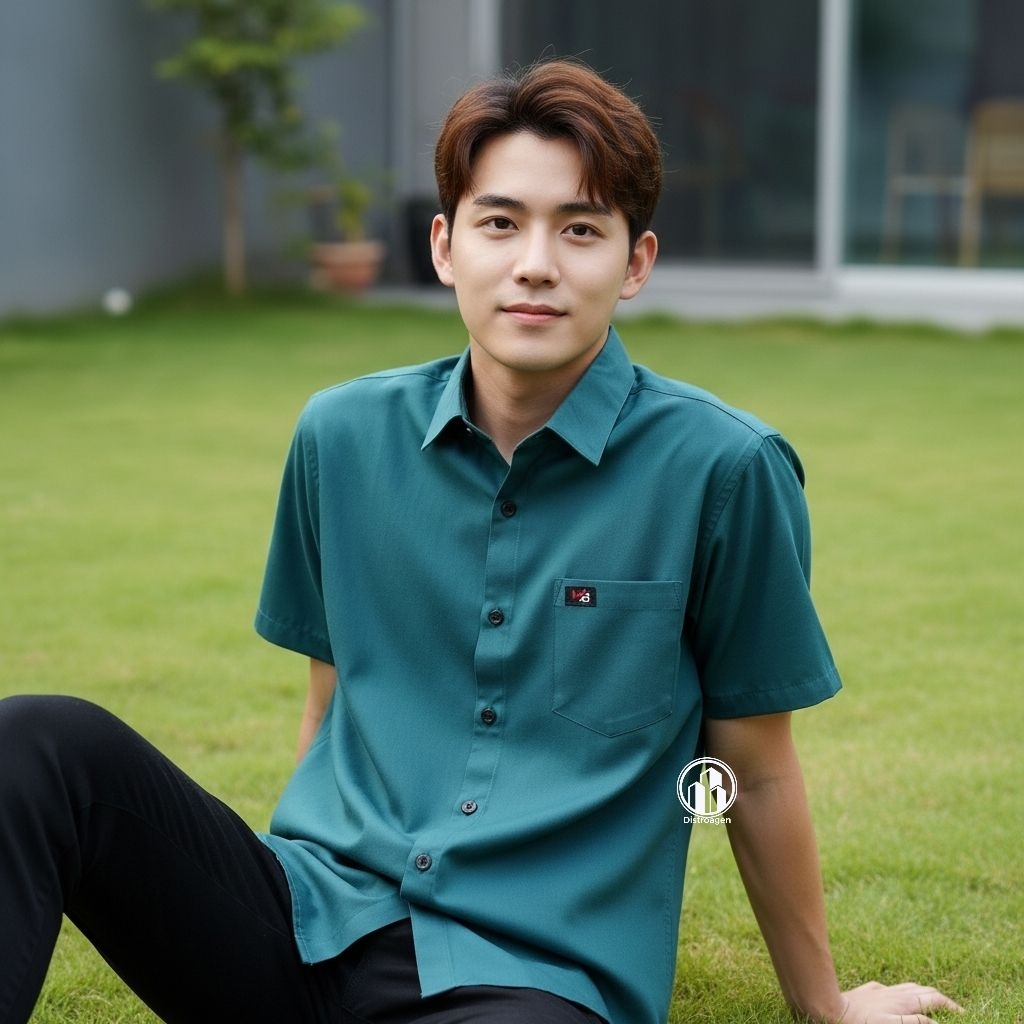 Distroagen - Emerald Green Kemeja Pria Lengan Pendek