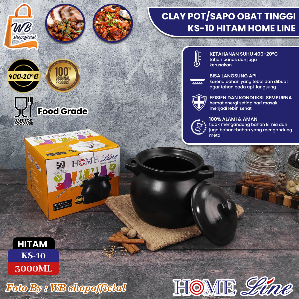 HOME LINE Panci Sapo obat besar + tutup hitam seri KS healthy material / clay pot / earthen pot 3000