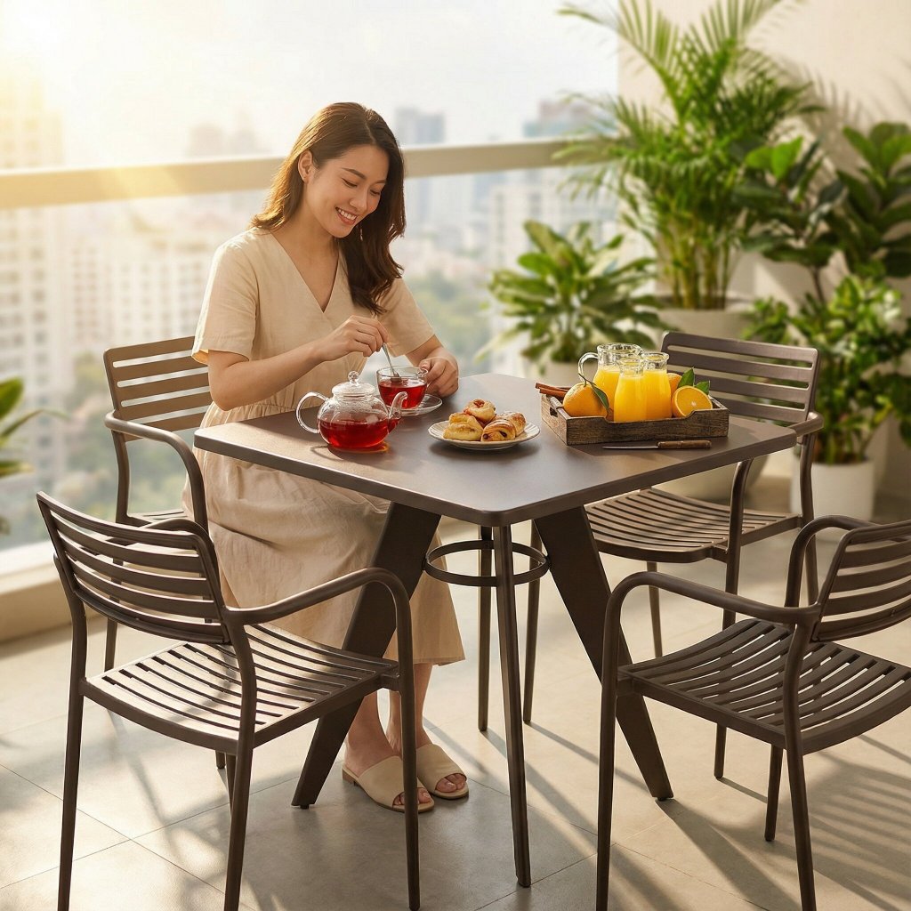 [set1 Meja+4 Kursi]Kombinasi meja dan kursi cokelat, meja persegi besi, taman outdoor, kafe tersedia