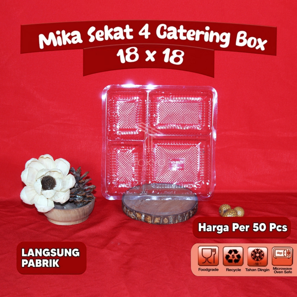 MIKA PLASTIK SEKAT 4 BOX CATERING NASI 18 / MIKA SEKAT 4 / 1 SET ISI 50 PCS PREMIUM