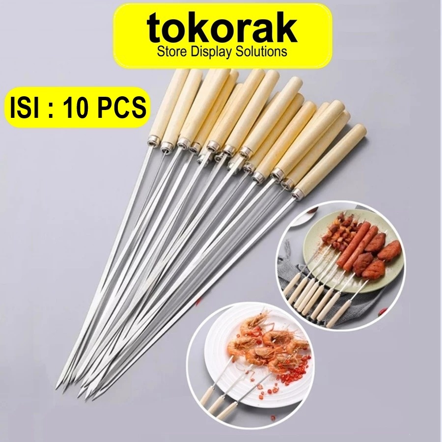TUSUK SATE STAINLESS STEEL GAGANG KAYU REUSABLE COOKING TOOLS 10 PCS BARBEQUE SKEWER TUSUK BBQ TUSUK