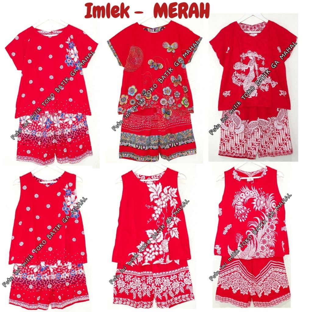 Daster setelan atas bawah celana pendek hotpants merah Imlek batik bunga siantan, adem, bagus murah 