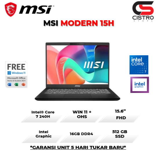 MSI MODERN 15H CORE I7 240H 16GB 512GB W11+OHS 15.6FHD IPS BLIT 2Y BLK