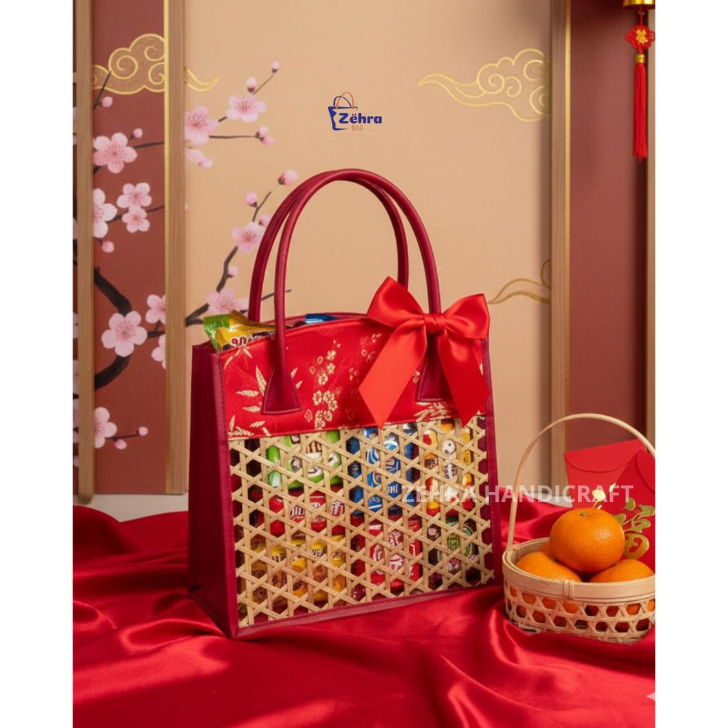 Tas Hampers Imlek Mika Kombinasi Bambu + Kain cheongsam | Tas Parcel
