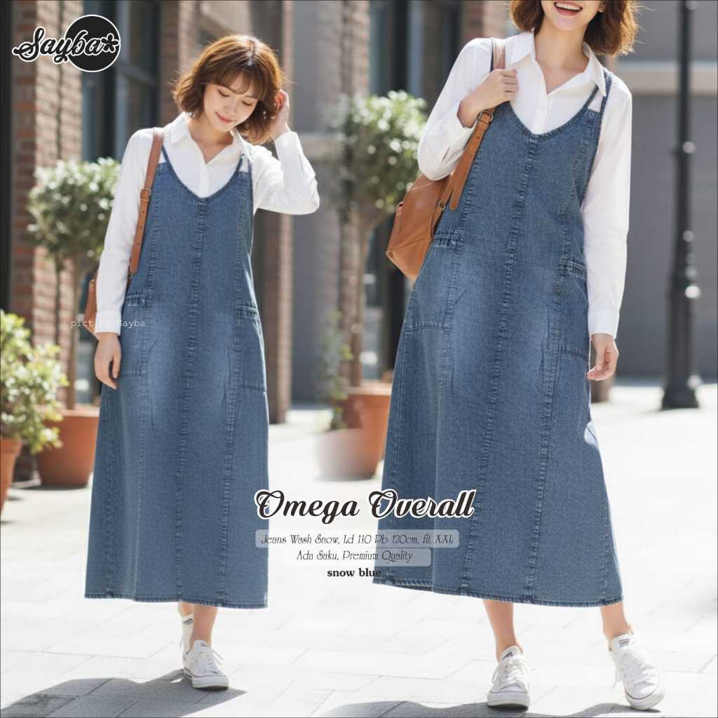 OMEGA Overall Dress Jeans Wash Snow Premium Original Sayba Gamis Korea Style Long Dress Tanpa Lengan