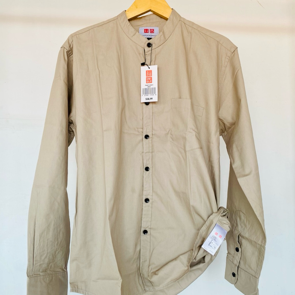 Kemko Polos Kemeja Pria Kerah Sanghai Krem Baju Muslim Casual Premium UNIQLO AIRism