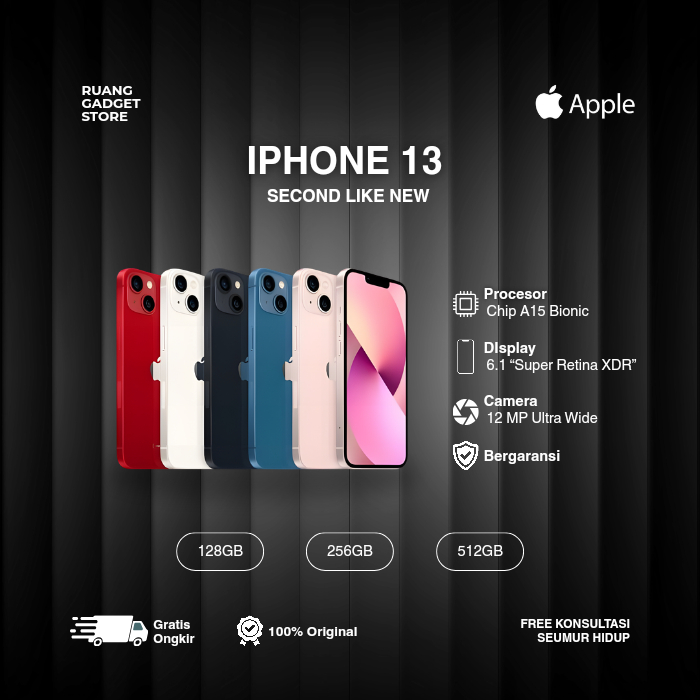 IPHONE 13 SECOND LIKE NEW  128GB 256GB Hitam Hijau Biru Pink Merah Putih