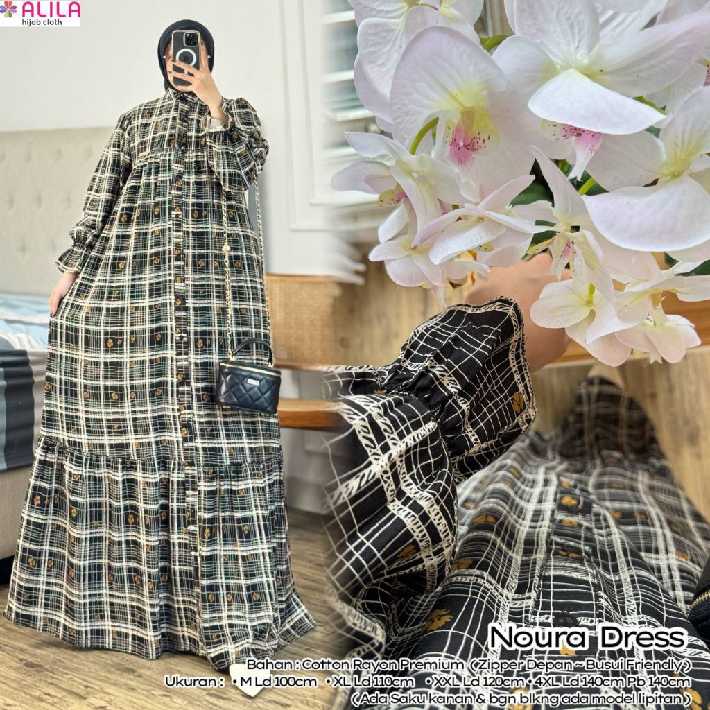 Baju Wanita Noura Dress Gamis Wanita Cotton Rayon Premium Size M XL XXL 4XL Motif Kotak Busui Friend