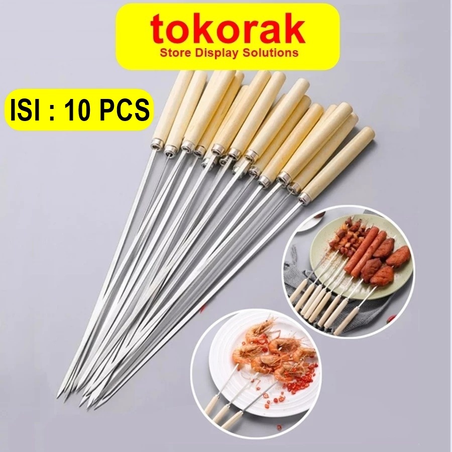 TUSUK SATE STAINLESS STEEL GAGANG KAYU REUSABLE COOKING TOOLS 10 PCS BARBEQUE SKEWER TUSUK BBQ TUSUK