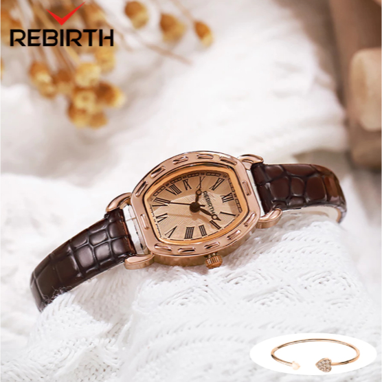 REBIRTH Vintage Brown Watch – Jam Tangan Wanita Quartz Antik Anti Air dengan Tali Kulit Elegan, Orig