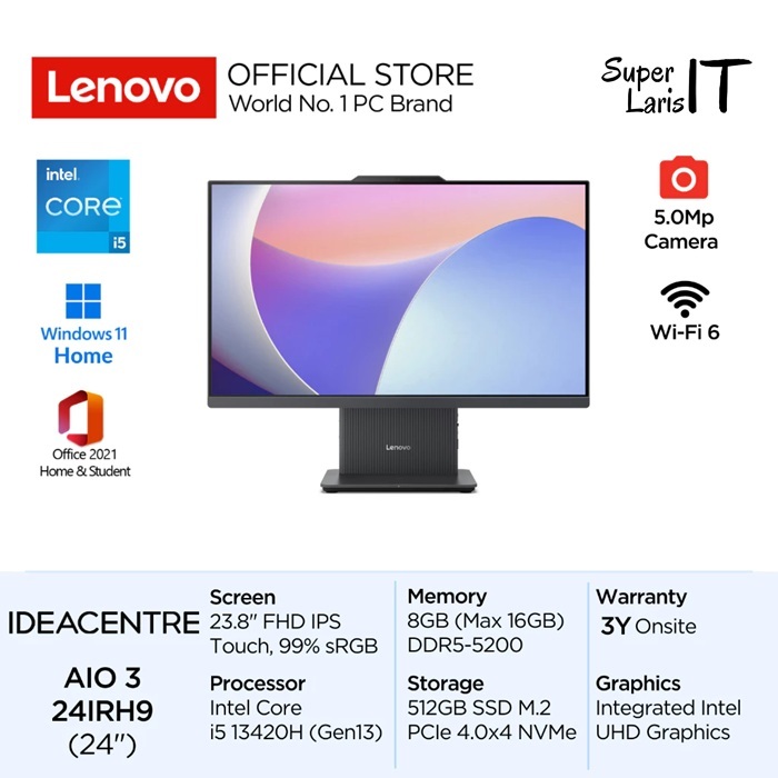 Lenovo PC IdeaCentre AIO 3i 24IRH9 60ID 61ID QGID Intel Core i5-13420H ram 8GB ssd 512GB 23.8 IPS Ke