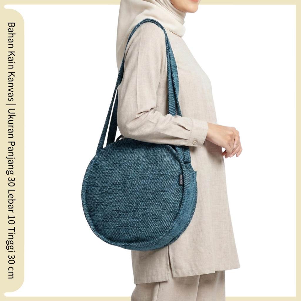 Tas Wanita Model Bulat Bahan Kanvas - Round Tote Bag Besar Muat Banyak - Tas Bahu Unik Vintage Etnik