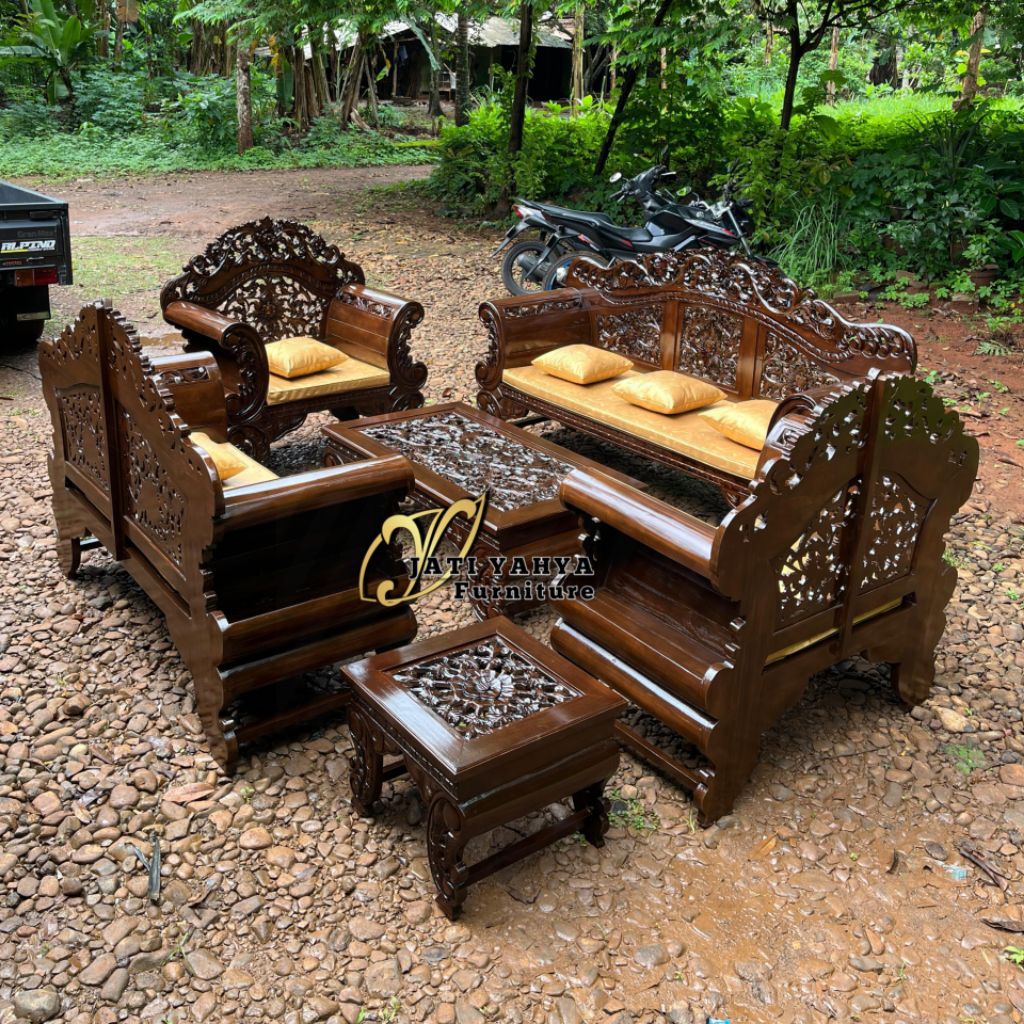 Kursi tamu madura arjuna tpk perhutani 3211 meja utama + meja kecil + busa dan bantal peluk + kaca m