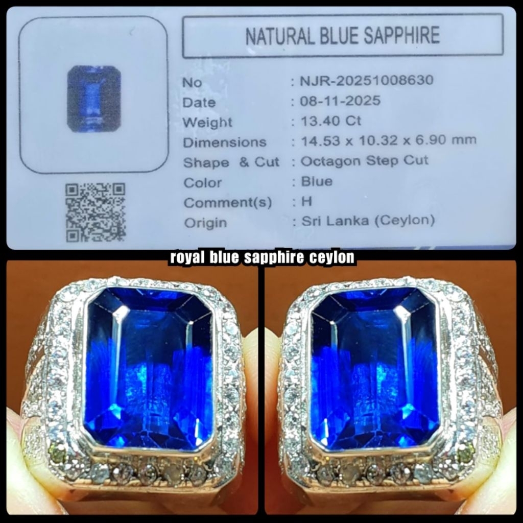 natural blue sapphire Srilanka Ceylon jumbo + ring perak asli 100%
