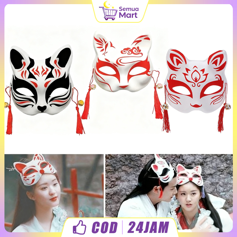 Topeng Rubah Bunkasai Jepang - Topeng Kitsune Half-Face, Cosplay Halloween Anime Fox Kostum