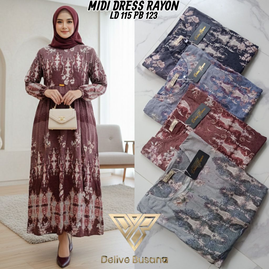 Midi dress rayon motif hitam || Midi dress rayon motif bunga||Midi dress dewasa