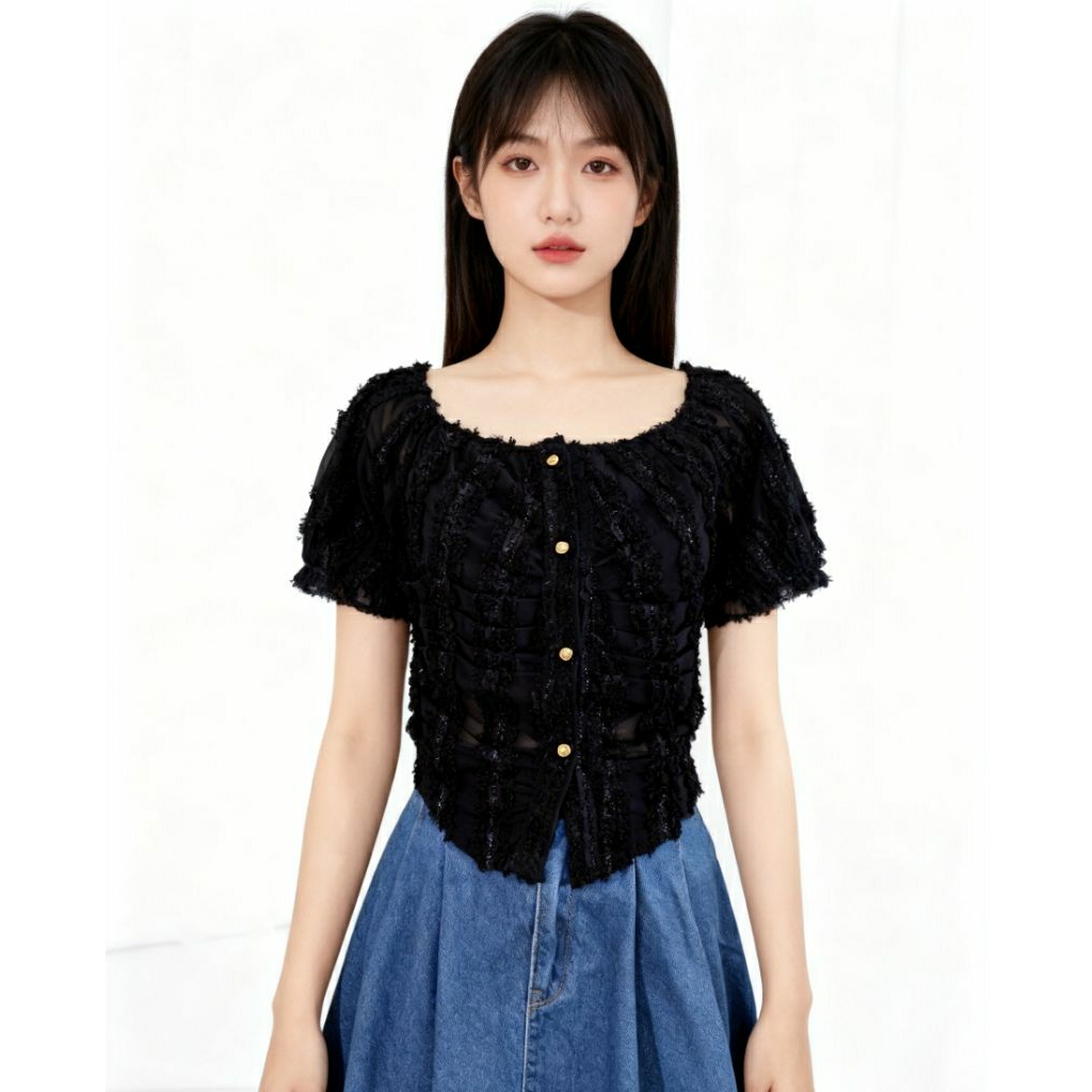 (NEW) CROP TOP BLACK GLITTER BLINK SMOCKED BLOUSE HITAM PUFF SLEEVE KOREA