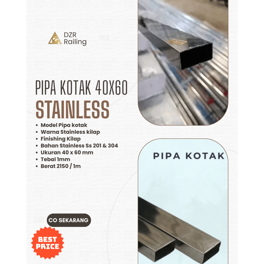 DZR Pipa Hollow Kotak Stainless UK 40 x 60 Sus 201 & 304 kilap