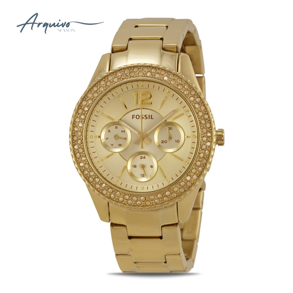 Jam Tangan Fossil Wanita Stella Chronograph Gold Stainless Steel Mewah Original ES3589