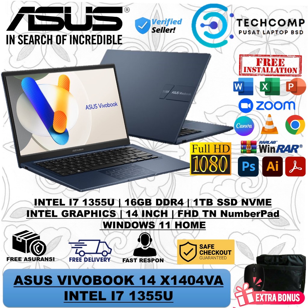 Laptop ASUS Vivobook 14 X1404VA i7 1355U 16GB RAM 1TB SSD FHD Windows 11