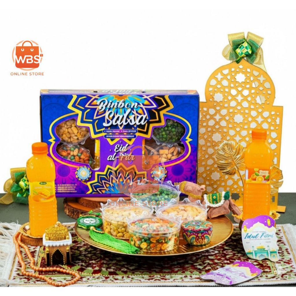 Hampers Lebaran Binbon Salsa Isi 4 Toples Kacang Mix Pang Pang Polong Ijo Koro Asin + 2 Sirup 400ml