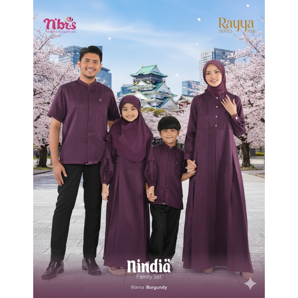 Sarimbit Nibras Rayya Series Terbaru 2026 Baju Couple Keluarga Viscose Jacquard Nindia Burgundy By N