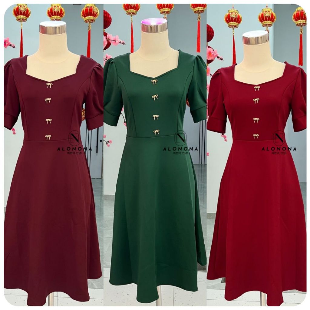 RELIA DRESS GAUN PAKAIAN ATASAN WANITA BAJU IMLEK CNY MAROON MERAH BURDUNDY EMERALD PESTA KONDANGAN
