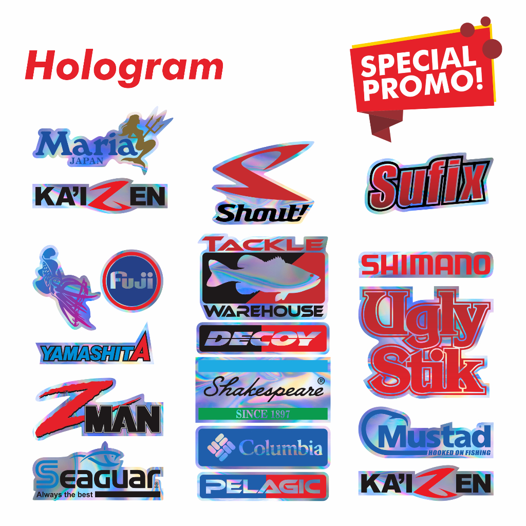 Stiker Mancing Mania Hologram Logo Brand Terkenal Pack Isi Banyak Murah