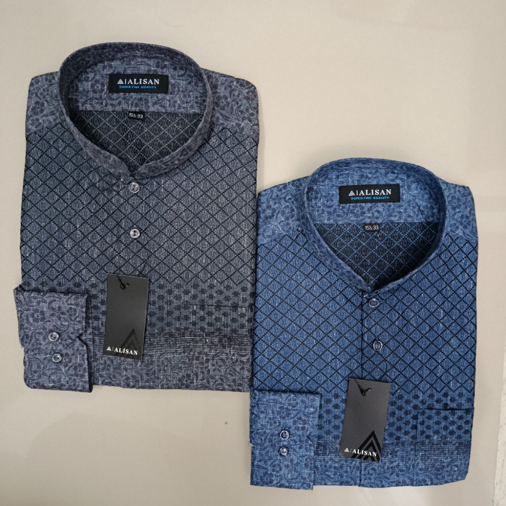 LENGAN PANJANG Alisan Koko Fashion Motif Kotak Miring Hitam/Biru Reguler