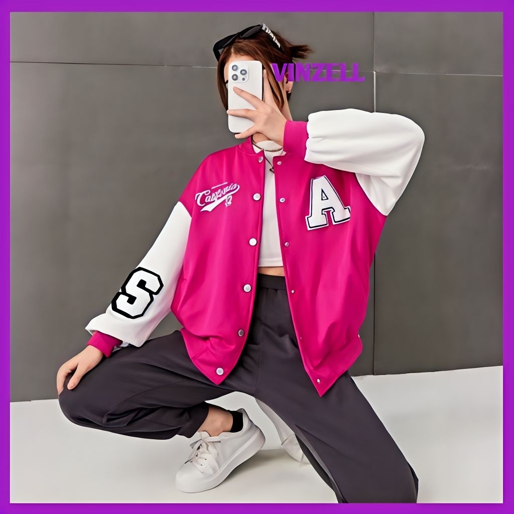Jaket Varsity Baseball Wanita Oversize Pink Fushia Premium - Vinzell Varsity Jacket Letter S A Korea