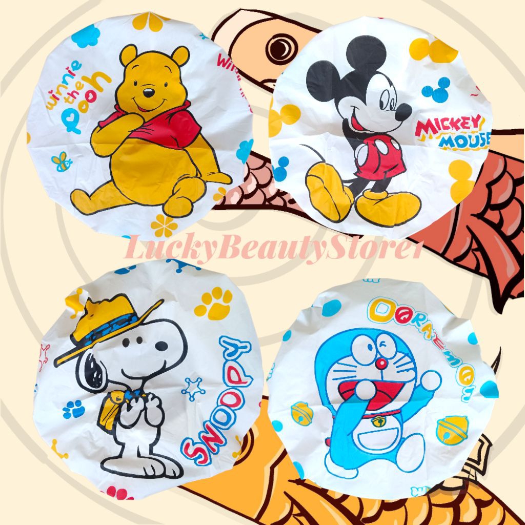 penutup kepala plastik mandi keramas karakter lucu Snoopy pooh Mickey doraemon