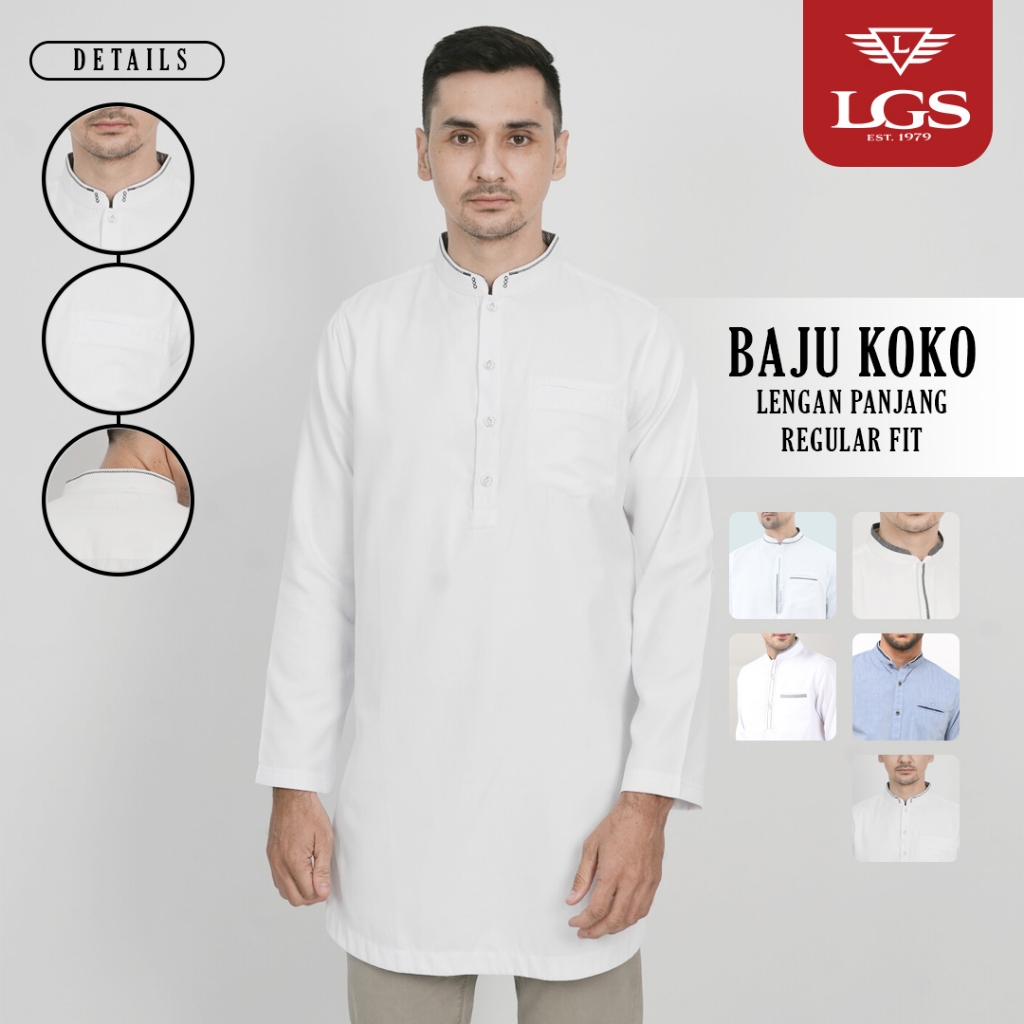 LGS - Baju Koko - Polos - Lengan Panjang - Regular Fit - Kerah Shanghai - Baju Muslim Pria Dewasa