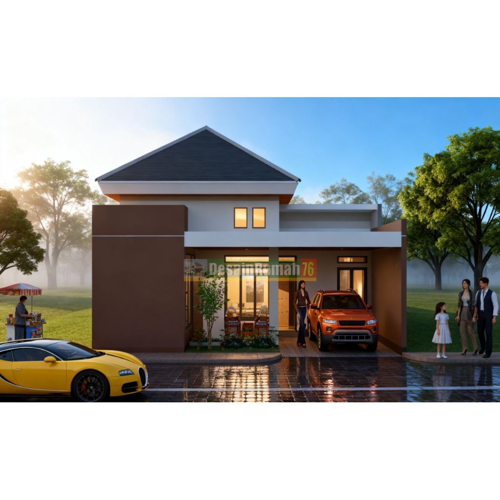 Paket desain rumah 3D eksterior + denah. Rumah minimalis 10x10, 2 kamar  tidur.