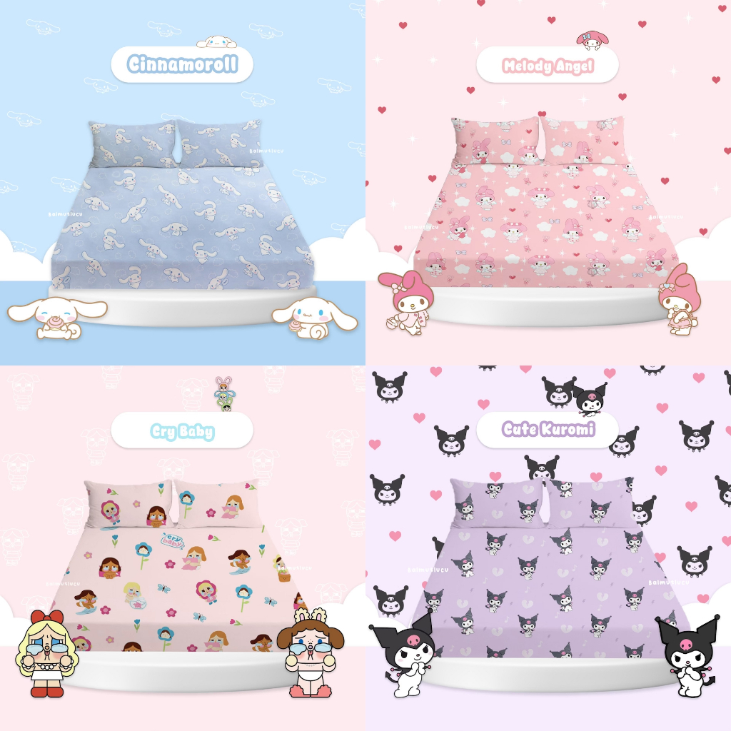 Sprei Set 100x200 120x200 160x200 180x200 | Motif Karakter Kuromi My Melody Ukuran Single Double Lem