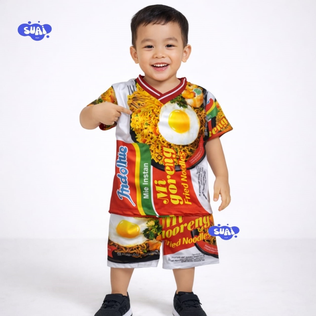 Baju Anak Indomie | Setelan Kaos Celana Anak | Motif Mie Goreng Viral