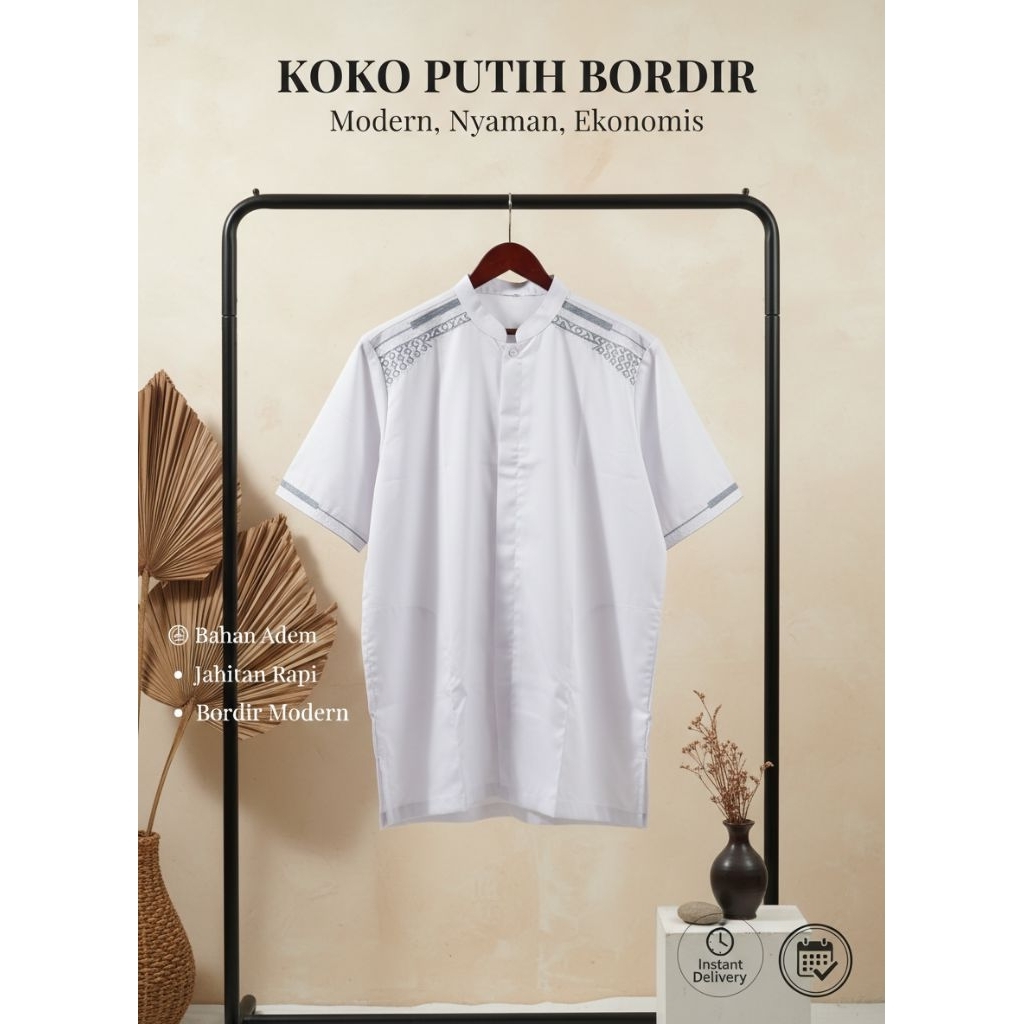 AL WAFA - Baju Koko Putih Bordir Modern Terbaru untuk Pria Dewasa hingga Remaja santri pondok | Leng