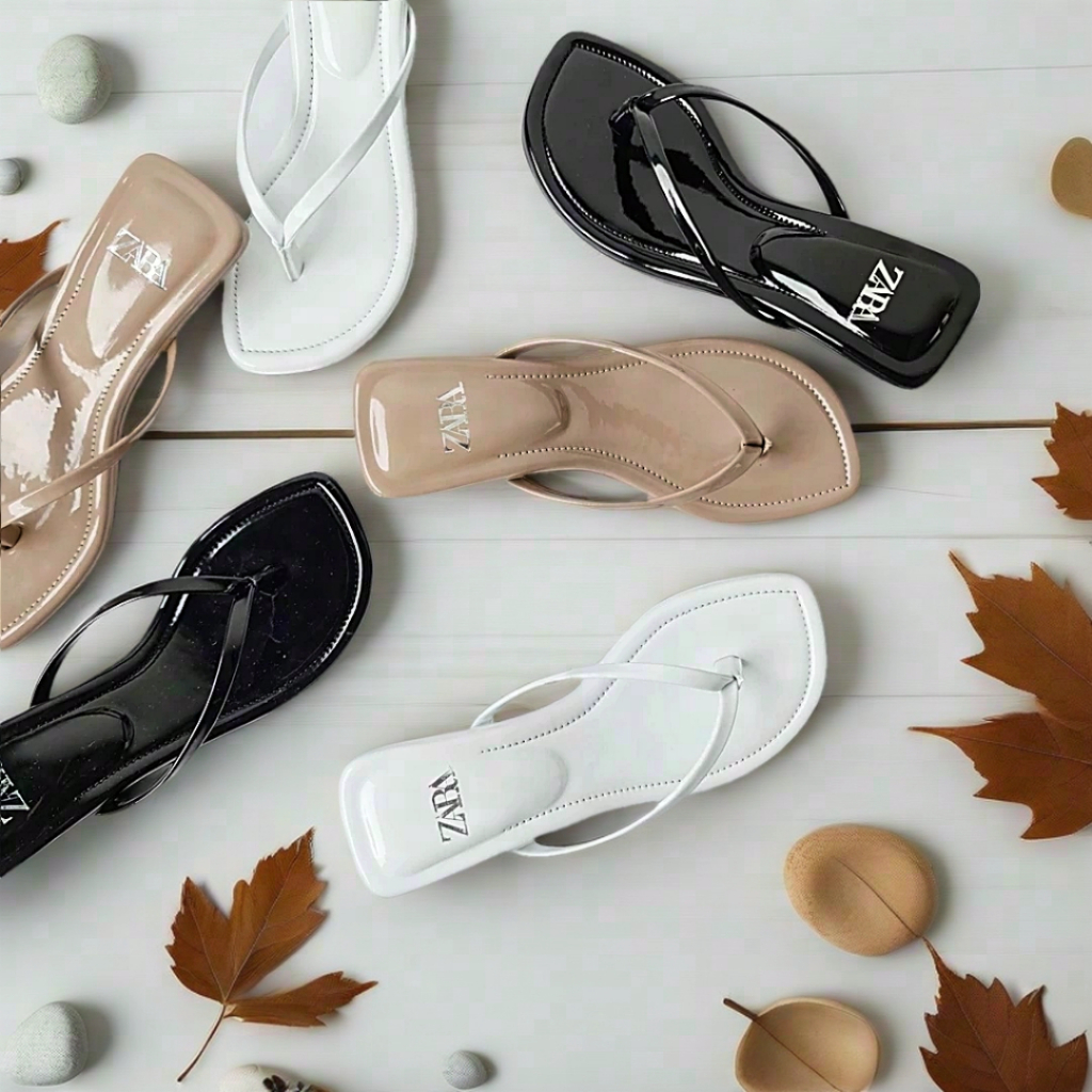 Sandal jepit Zara Pinch gloss heels 5 CM Terbaru 2024 (dus polos)