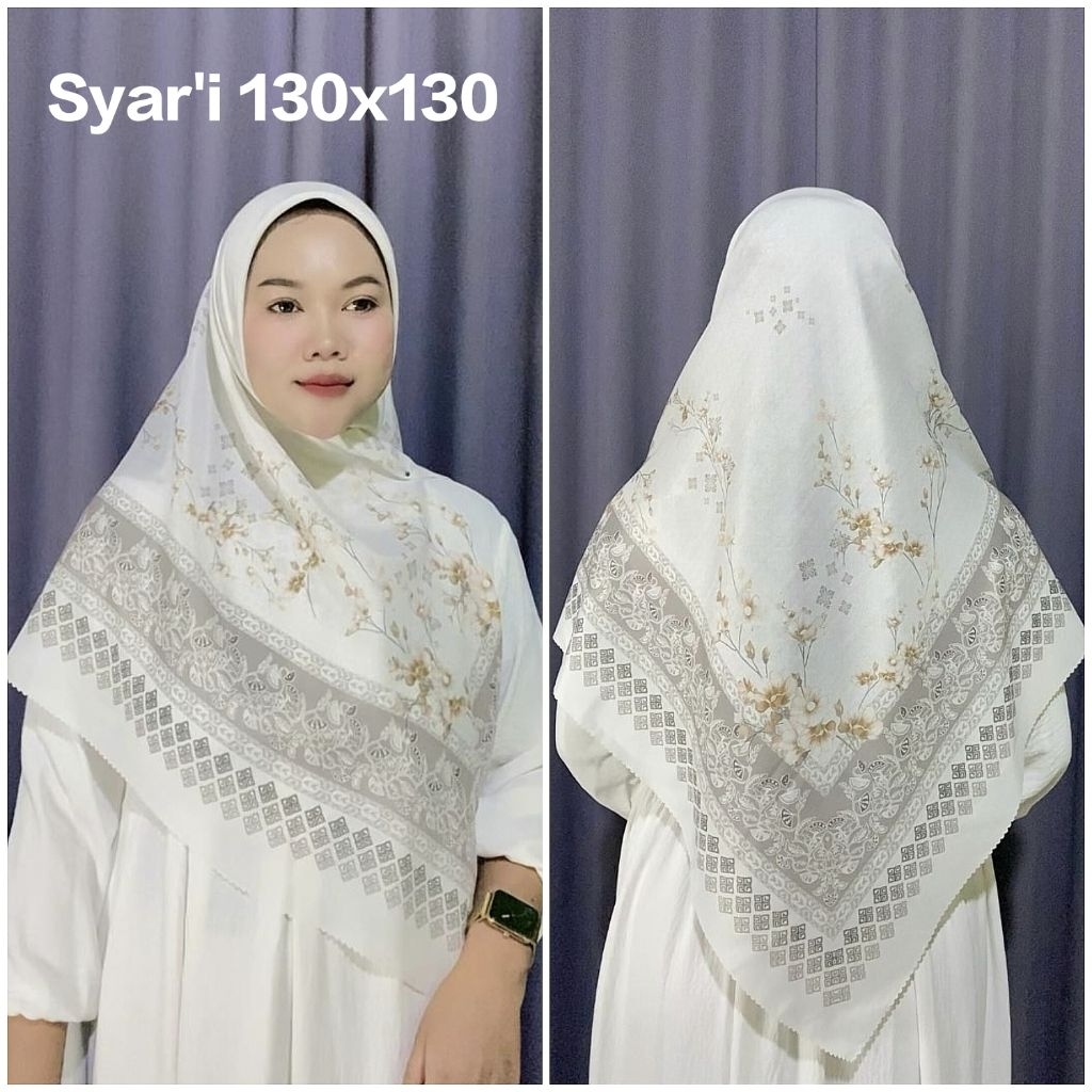 HIJAB SEGI EMPAT SYAR'I JUMBO VOAL MOTIF SUBLIME BUNGA TALITHA PUTIH