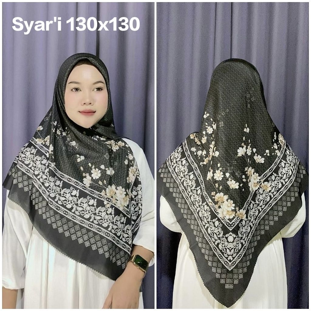 HIJAB SEGI EMPAT SYAR'I JUMBO VOAL SUBLIME MOTIF BUNGA TALITHA HITAM UK 130X130 SYARI