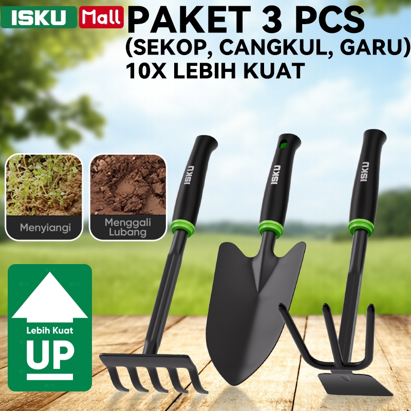ISKU Alat Berkebun Set 3 Pcs Sekop Cangkul Garu Baja Karbon Kuat Gardening Tools Anti Bengkok