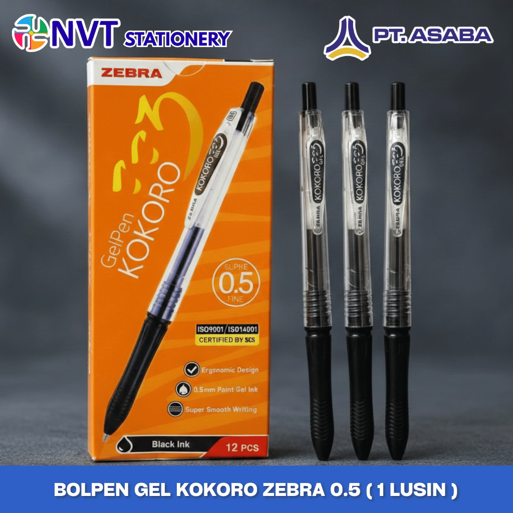NVT - Bulpen/Bolpen/Pen/Pulpen Hitam dan Biru Kokoro Gel Zebra 0.5 (1 Lusin)
